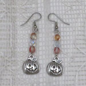 Handmade Silver Dangle Pumpkin Earrings for Halloween, Drop Earrings for Women